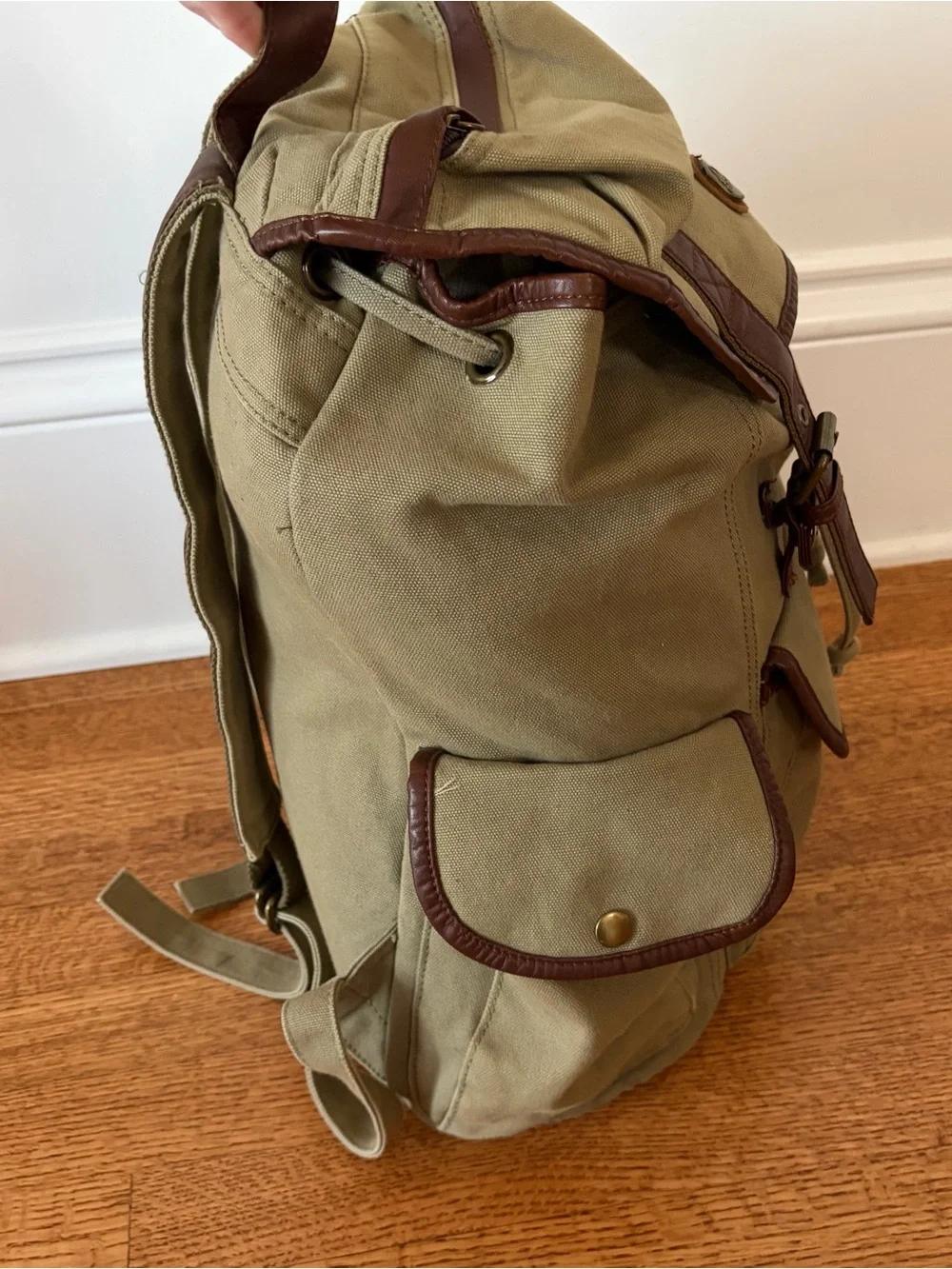 Serbags Washed Vintage-Looking Fashion Canvas Backpack Bag Leather Trim Beige